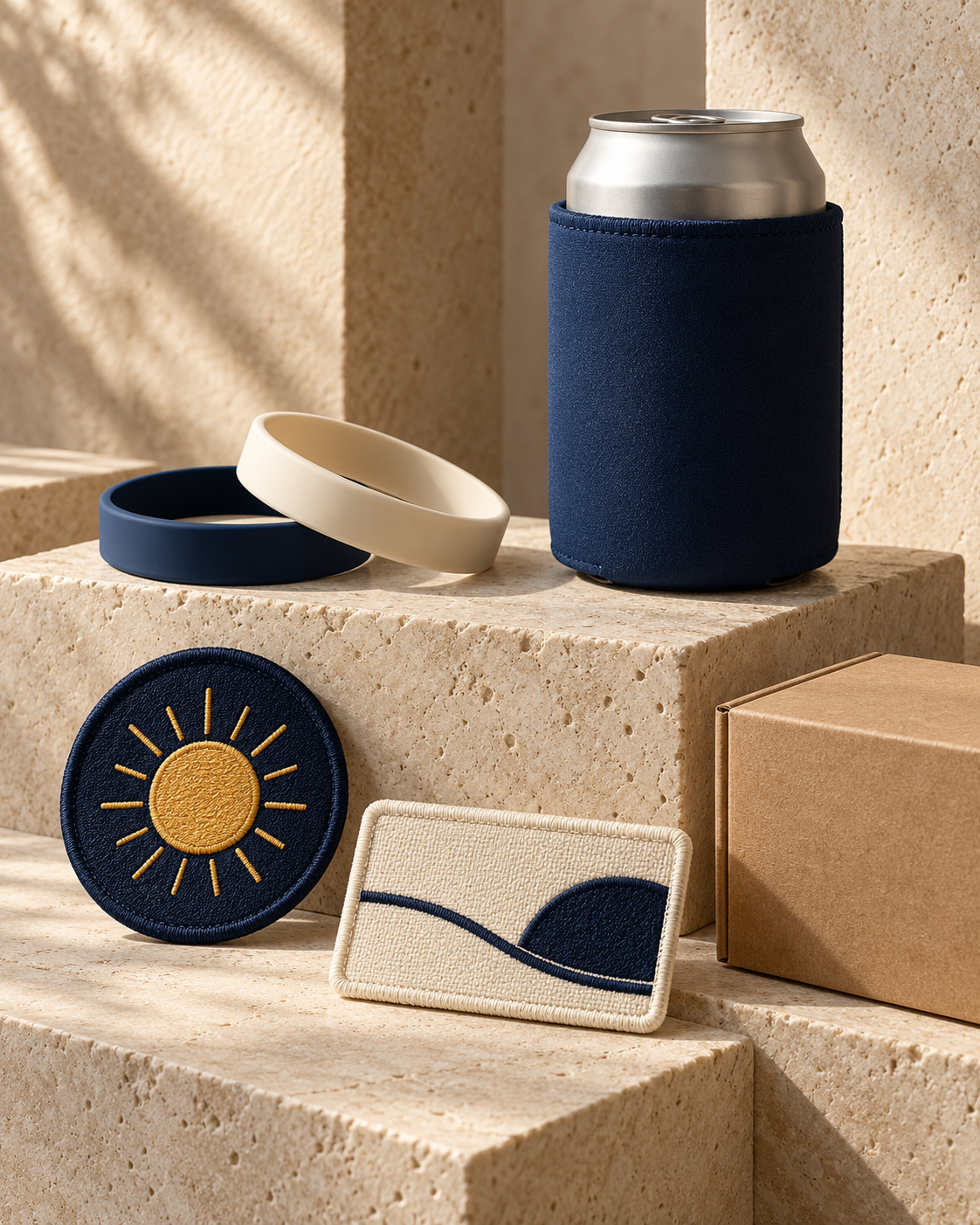 Concept styling of navy and ivory wristbands, an insulated can sleeve, embroidered patches and a kraft box
